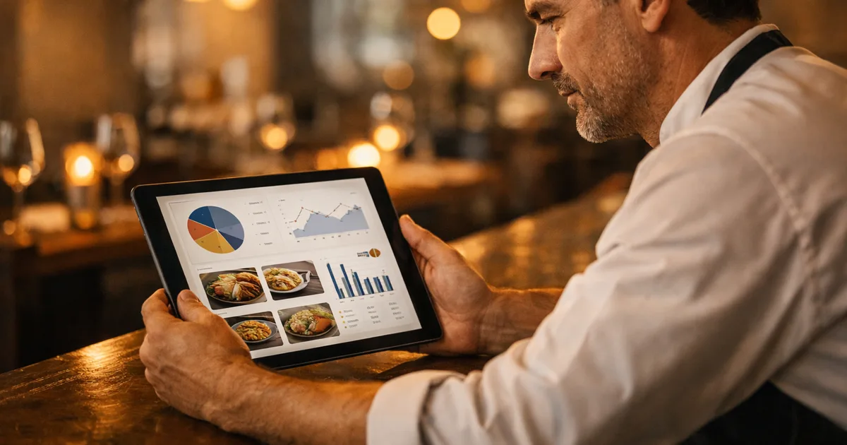 Restaurant owner reviewing AI-powered menu analytics on a tablet in a warm bistro setting, dish performance data visible on screen