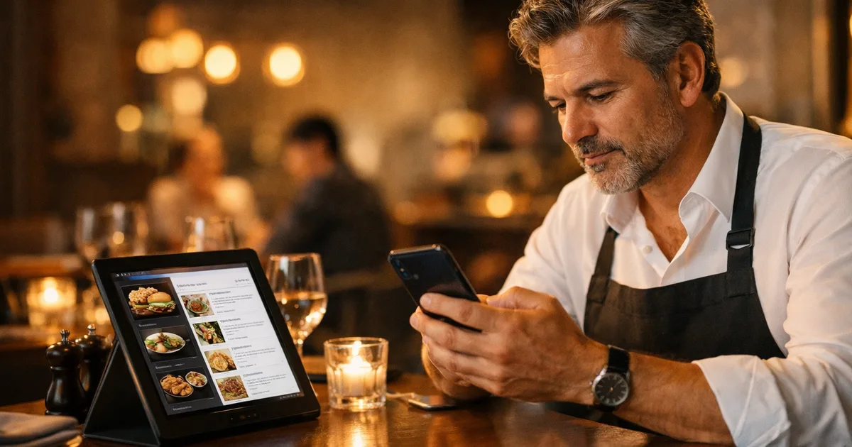Restaurant owner checking AI search results on a smartphone while a digital QR menu tablet sits open on the restaurant table, warm evening restaurant lighting