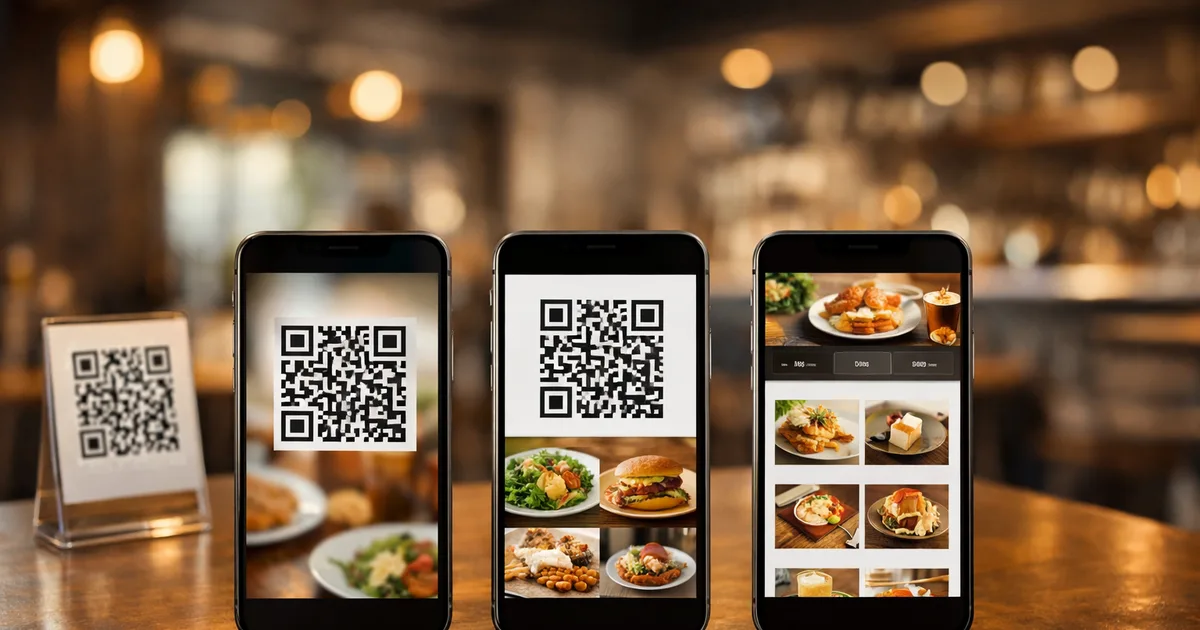 Three smartphones displaying QR code restaurant menu interfaces placed side by side on a cafe wooden table next to a printed QR code menu stand