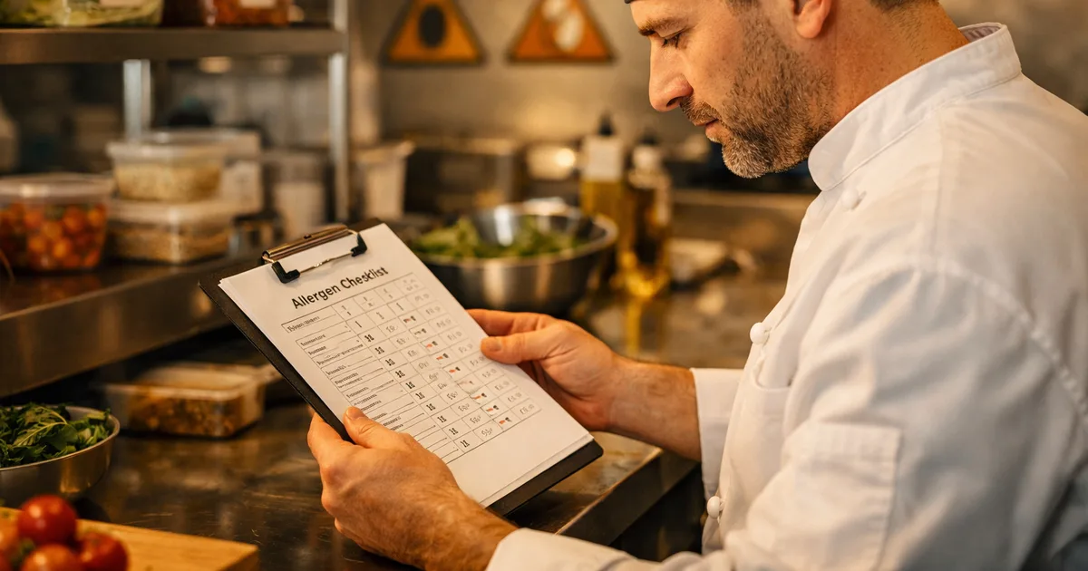 Chef reviewing a printed allergen checklist at a commercial kitchen prep station with ingredient labels visible