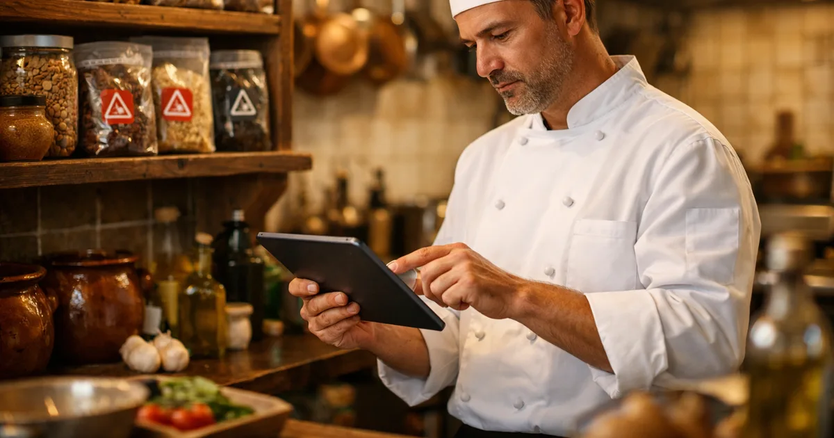 Chefe de cozinha a rever documentação de alergénios numa tablet numa cozinha de restaurante português, com etiquetas de advertência de alergénios visíveis nas embalagens de ingredientes