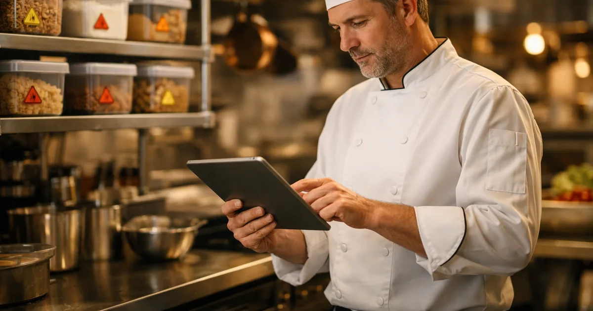 Cuisinier professionnel en cuisine de bistrot français consultant des fiches allergènes sur tablette, étiquettes de mise en garde allergènes visibles sur les étagères d'ingrédients