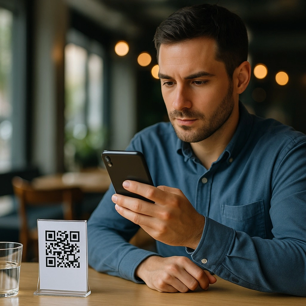 Customer scanning a QR code menu at a restaurant table