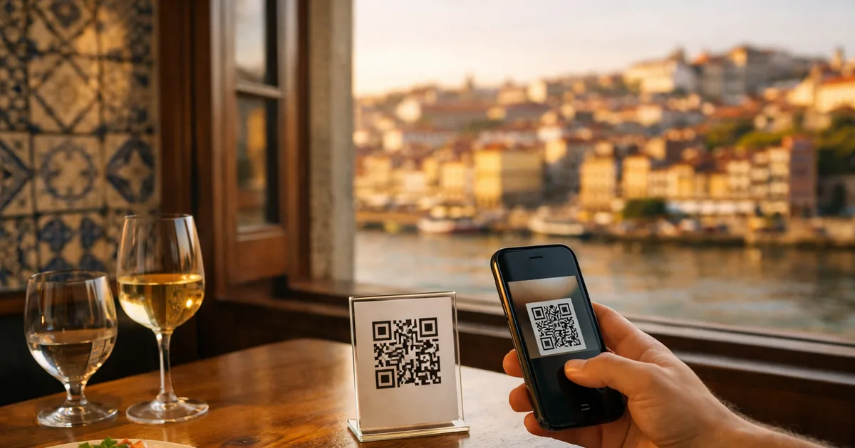 Mão de um cliente a ler com o telemóvel uma ementa QR code numa mesa de restaurante com vista para o Douro e as caves de Gaia, no Porto