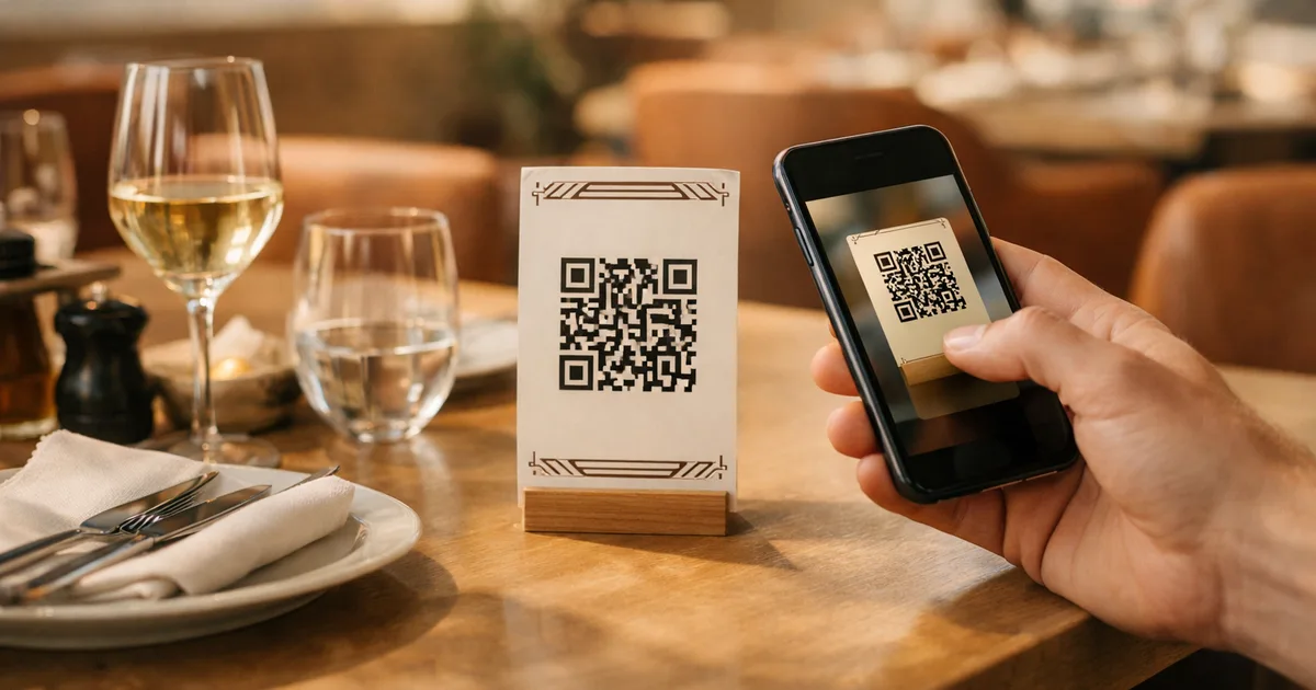 Un móvil escaneando un elegante soporte de menú con código QR sobre la mesa de un restaurante moderno con luz natural suave