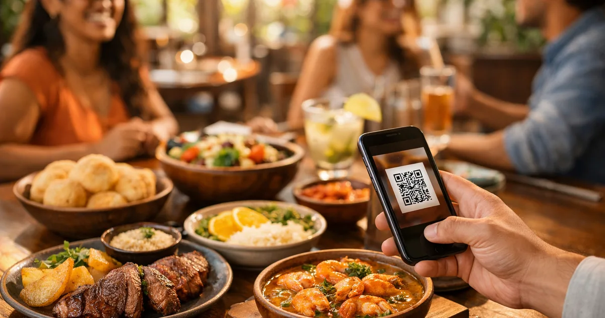 Um smartphone escaneando um suporte de cardápio com QR code numa mesa acolhedora de restaurante brasileiro com pratos frescos e coloridos