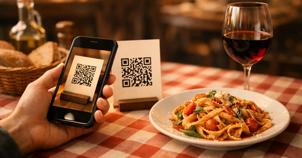 Uno smartphone che scansiona un menu con codice QR al tavolo di una classica trattoria italiana con pasta fresca e un bicchiere di vino rosso