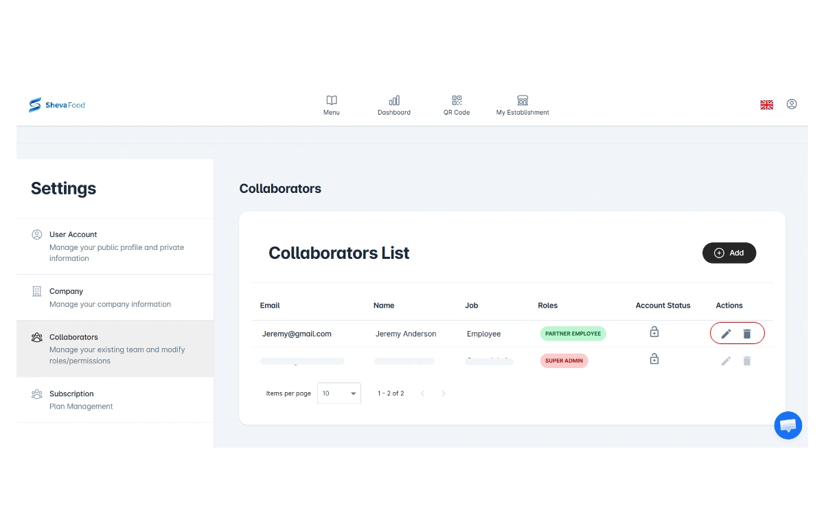Collaborators list showing an invited team member with their role and status