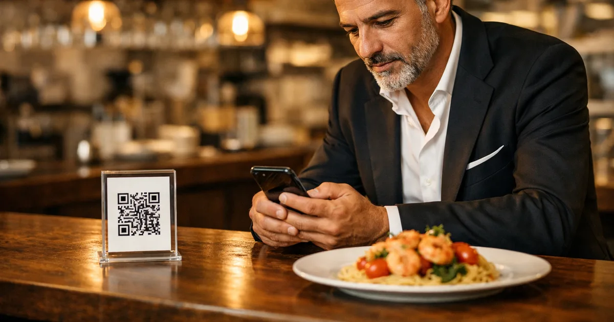 Ristoratore italiano che consulta le informazioni sugli allergeni su smartphone accanto a un espositore QR code, in un ristorante elegante