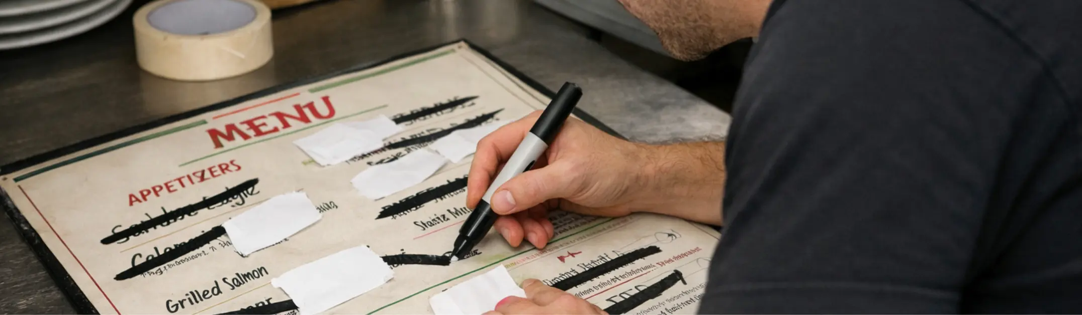 Restaurant staff crossing out printed menu items, highlighting hidden menu printing cost in Spain