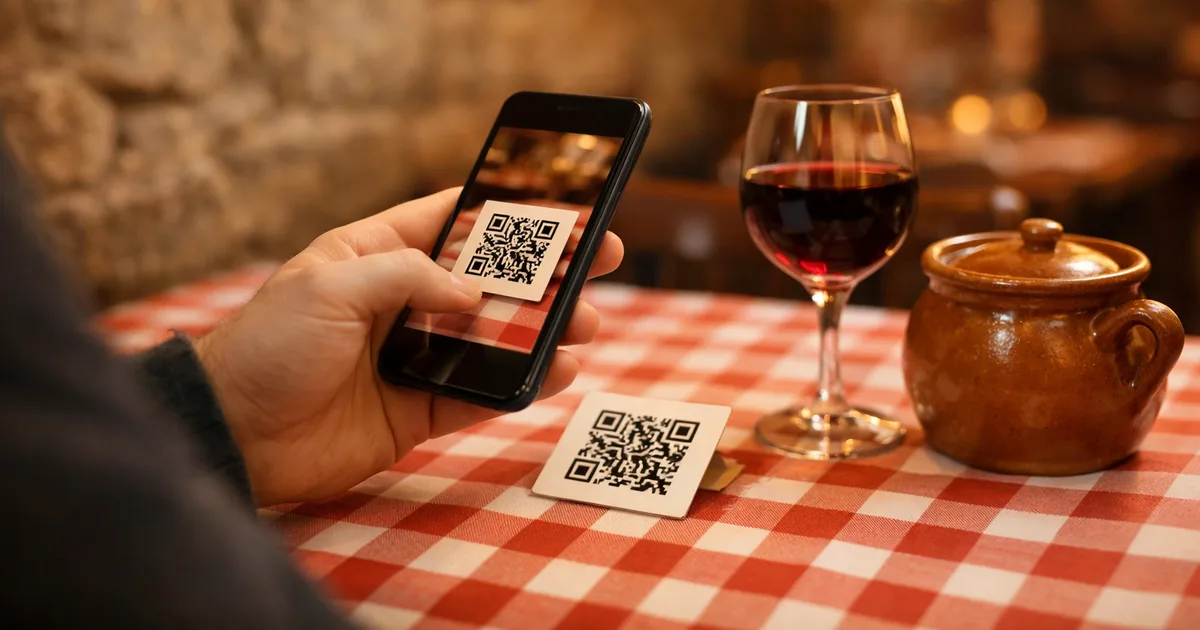 Un convive scannant un menu QR code sur une nappe à carreaux rouges dans un bouchon lyonnais, verre de Beaujolais et marmite en céramique sur la table