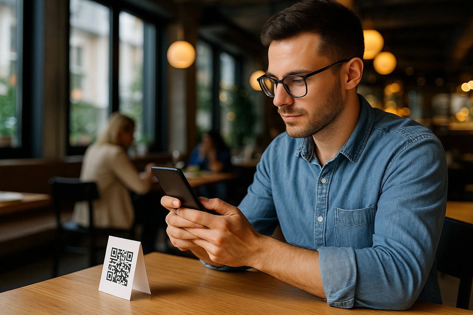 Touriste scannant un menu QR code dans un restaurant populaire