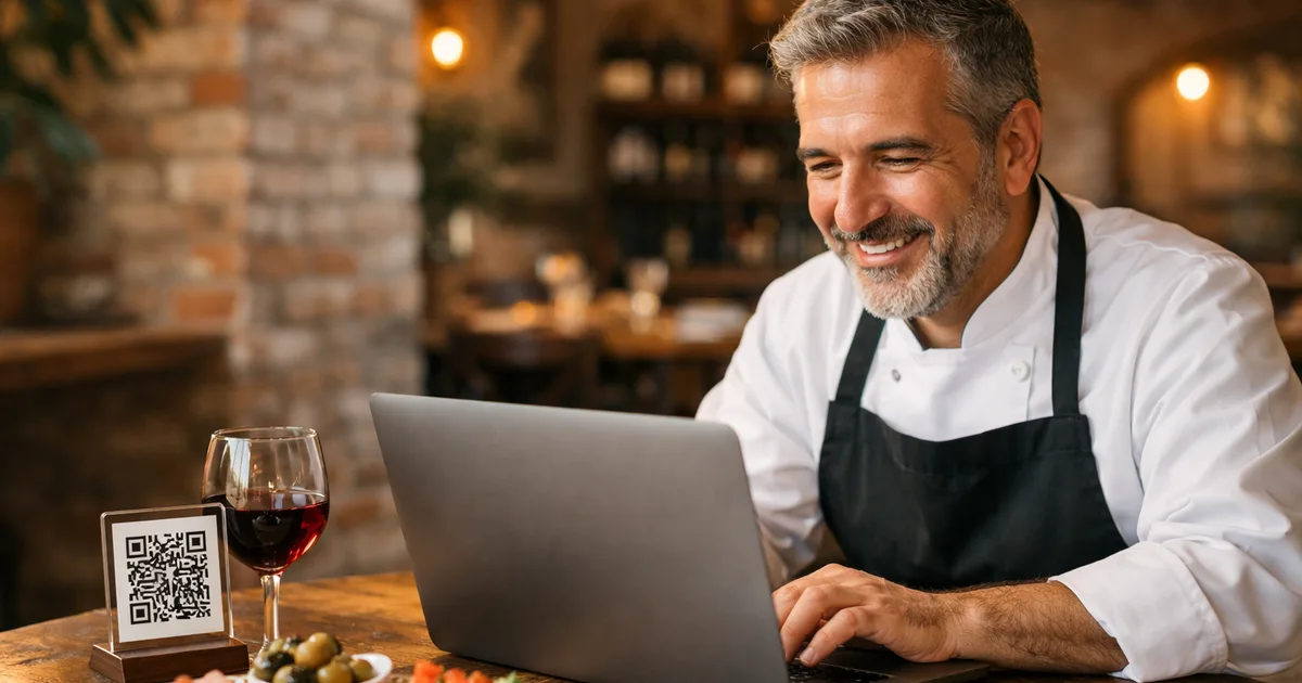 Un ristoratore italiano che crea il suo menu QR digitale su un laptop in una trattoria con terracotta e mattoni a vista