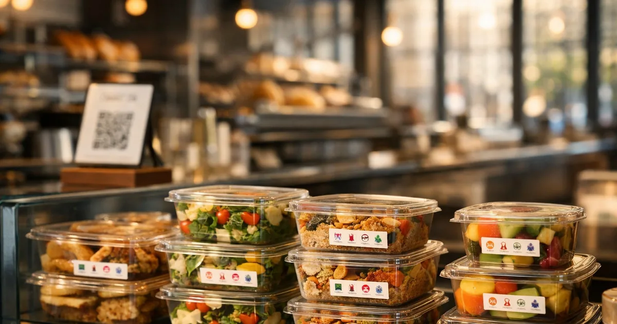 A New York deli counter with labeled grab-and-go food containers showing allergen stickers, with a QR code menu stand in the background
