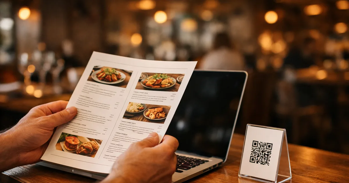 A restaurant owner holding a printed PDF menu over a laptop on a wooden table, a small printed QR code table tent standing beside it