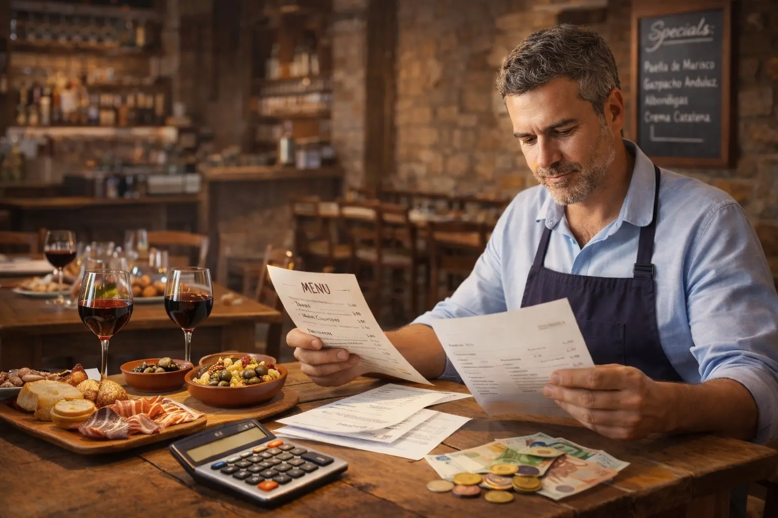 Restaurant owner in Spain calculating the high costs of menu printing