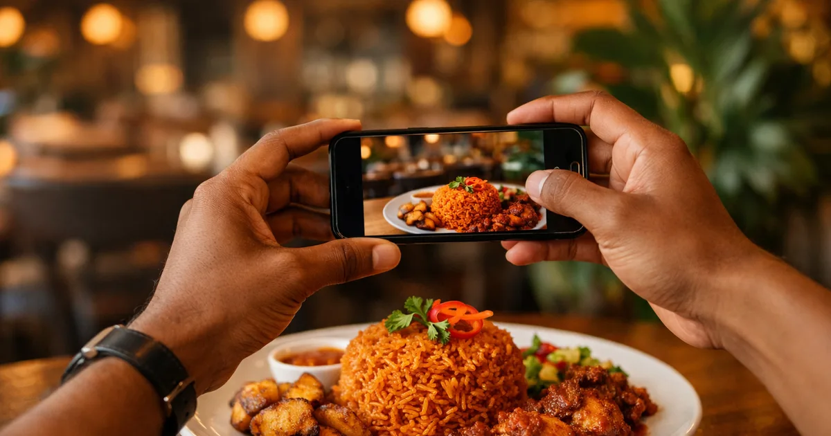 A restaurant guest holds a smartphone above a wooden table with a beautifully plated jollof rice and fried plantain in a modern upscale Lagos restaurant in Victoria Island, warm amber pendant lighting in the background