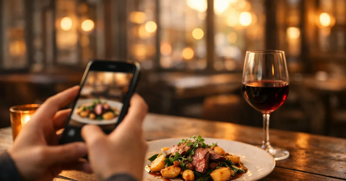 A diner holds a smartphone over a wooden table with a plated British dish and a glass of red wine in a warm London gastropub at golden hour