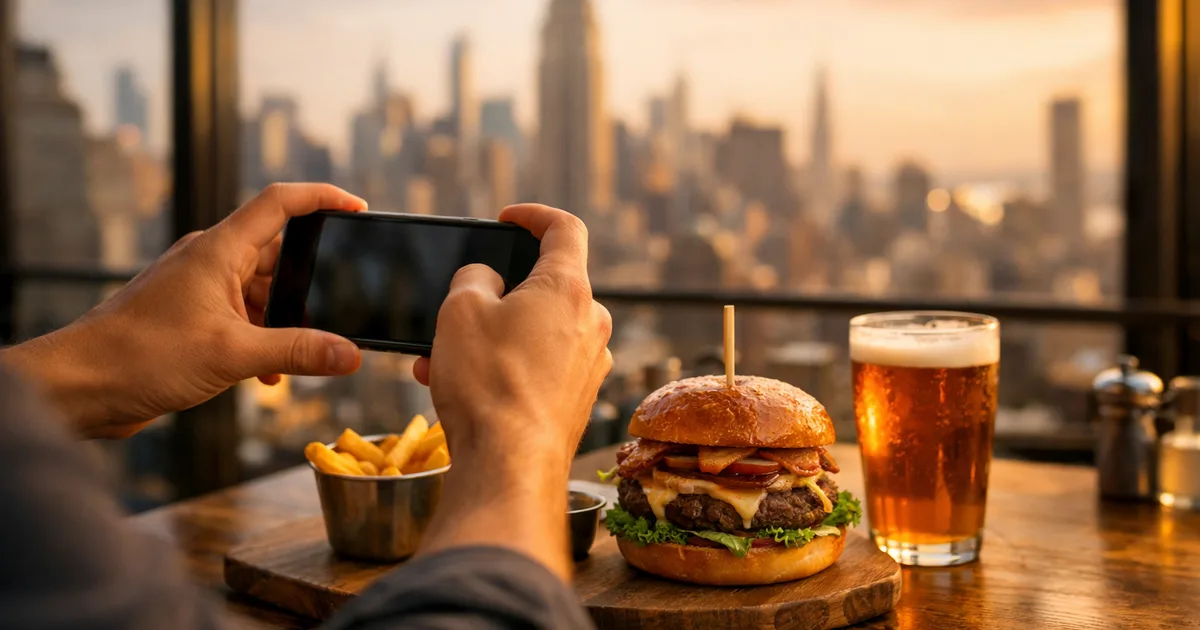 A diner holds a smartphone over a table with a gourmet burger and craft beer in a trendy New York City rooftop restaurant, Manhattan skyline in the soft-focus background
