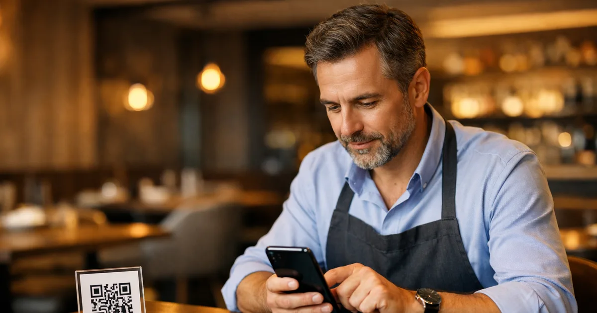 Restoran sahibi akıllı telefonla QR kod menü oluşturuyor, masada QR kod standı görünüyor