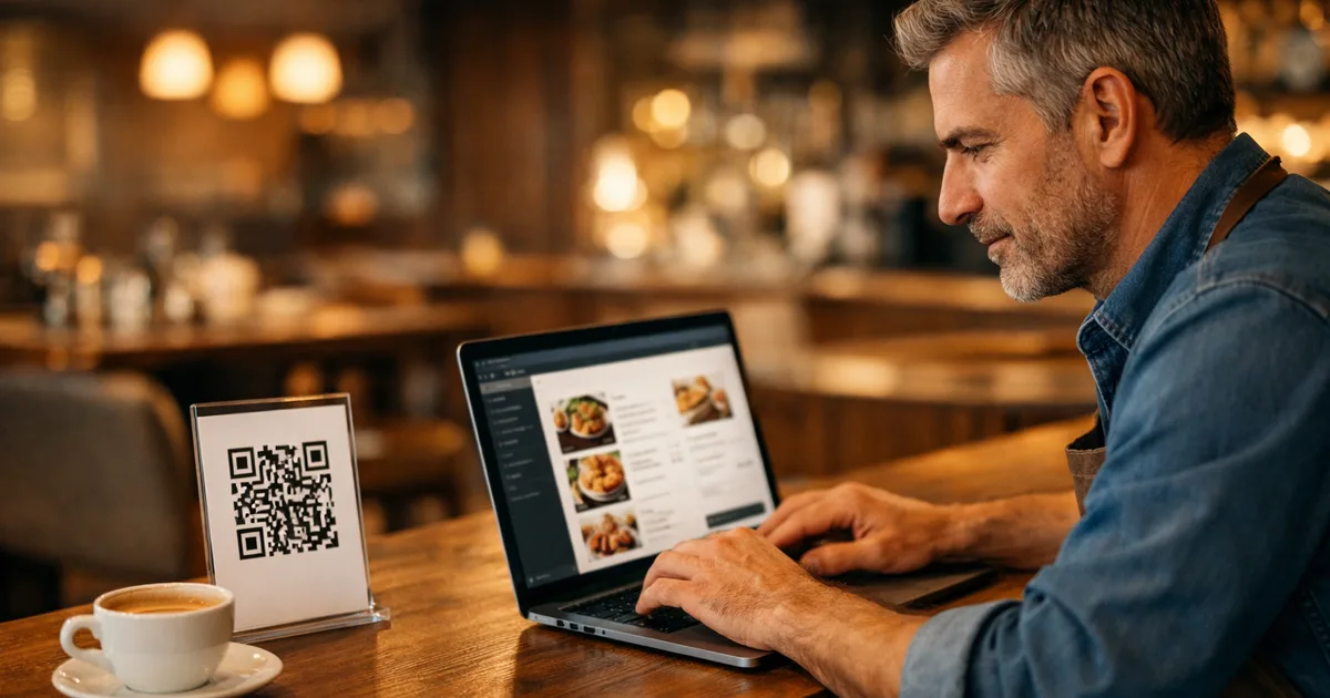 A restaurant owner building a digital QR menu on a laptop at a wooden counter, a printed QR code menu stand beside a coffee cup in a warm restaurant interior