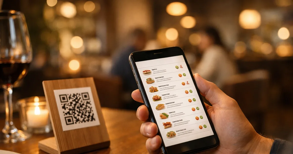 A restaurant diner scanning a QR code on a table stand, with allergen icons visible on the digital menu on their smartphone