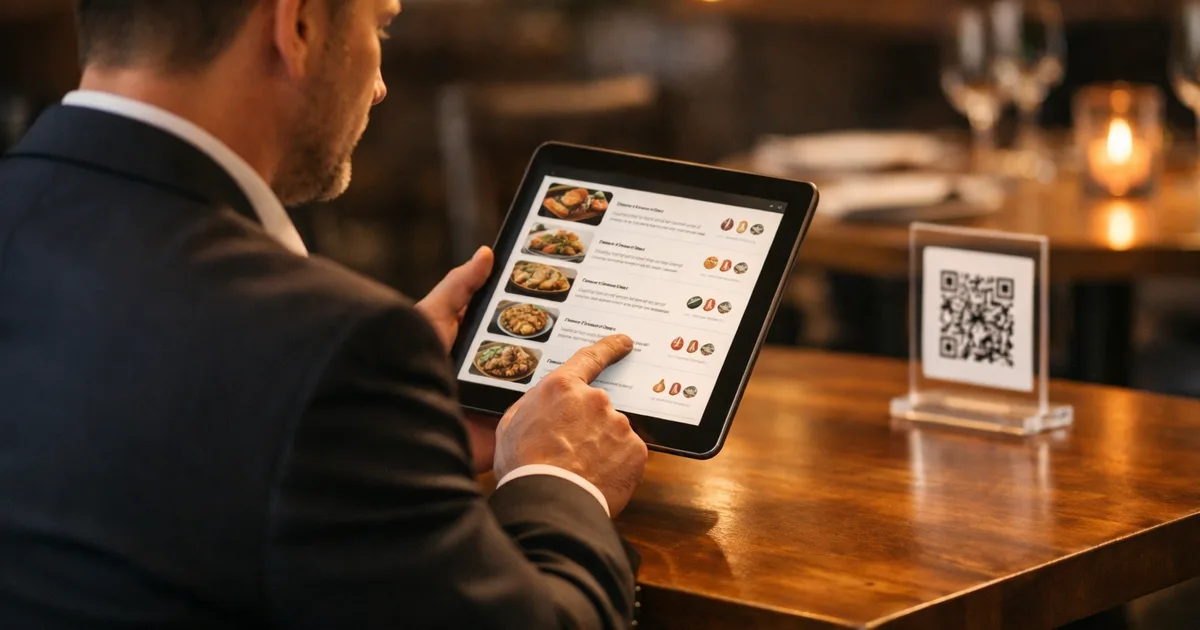 Restaurant manager reviewing allergen information on a digital tablet menu, with a QR code menu stand on a restaurant table in the background