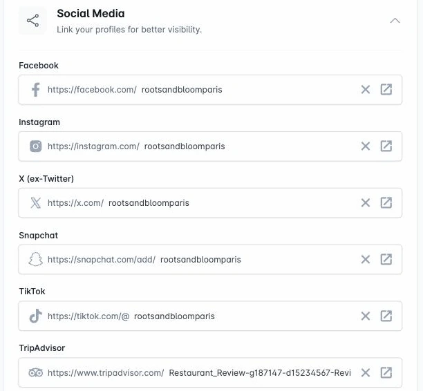 ShevaFood Social Media settings with Facebook, Instagram, X, Snapchat, TikTok and TripAdvisor fields filled in