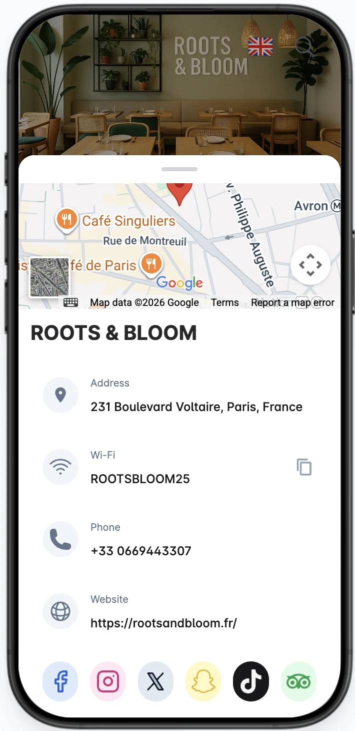ShevaFood public menu Information panel showing Facebook, Instagram, X, Snapchat, TikTok and TripAdvisor icons