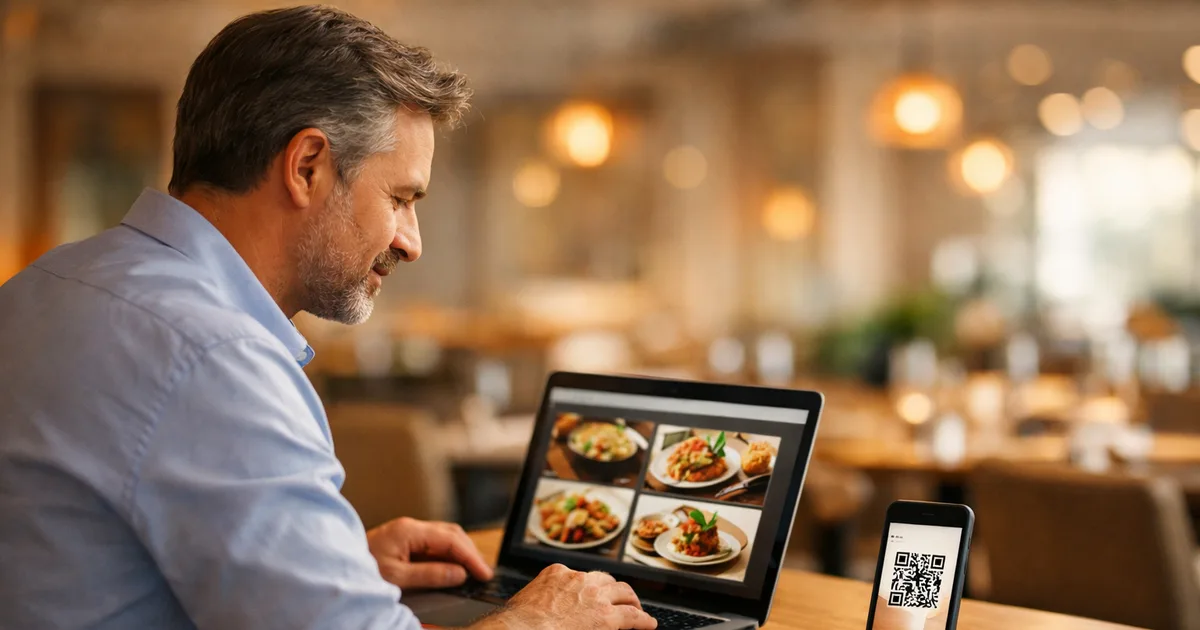 Restaurantbesitzer erstellt am Laptop eine digitale Speisekarte, daneben ein Smartphone mit gescanntem QR-Code-Menü