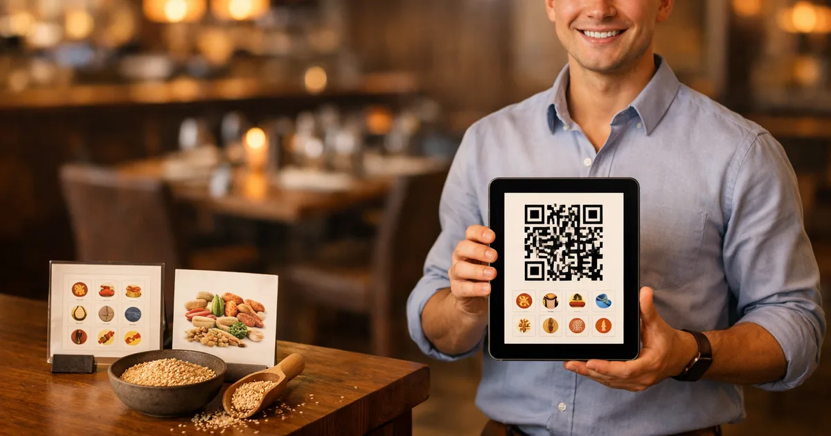 A restaurant host showing a tablet QR code menu with allergen icons, sesame seeds and allergen information cards on a Virginia restaurant counter