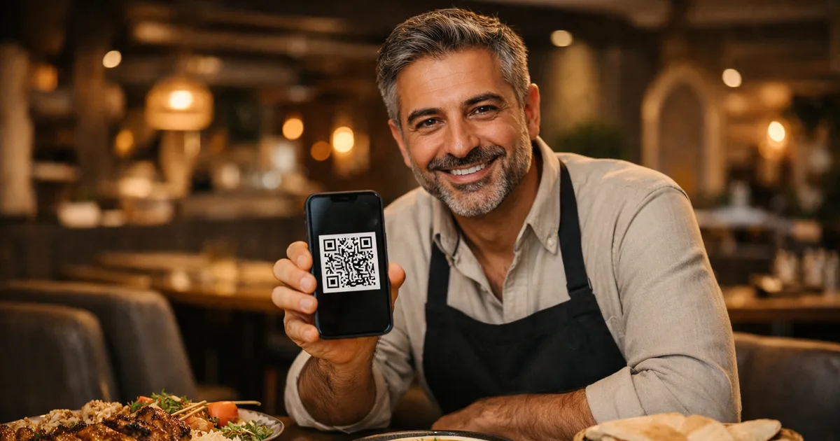 صاحب مطعم يعرض منيو QR مجاني على هاتفه الذكي في مطعم خليجي أنيق مع أطباق عربية على الطاولة