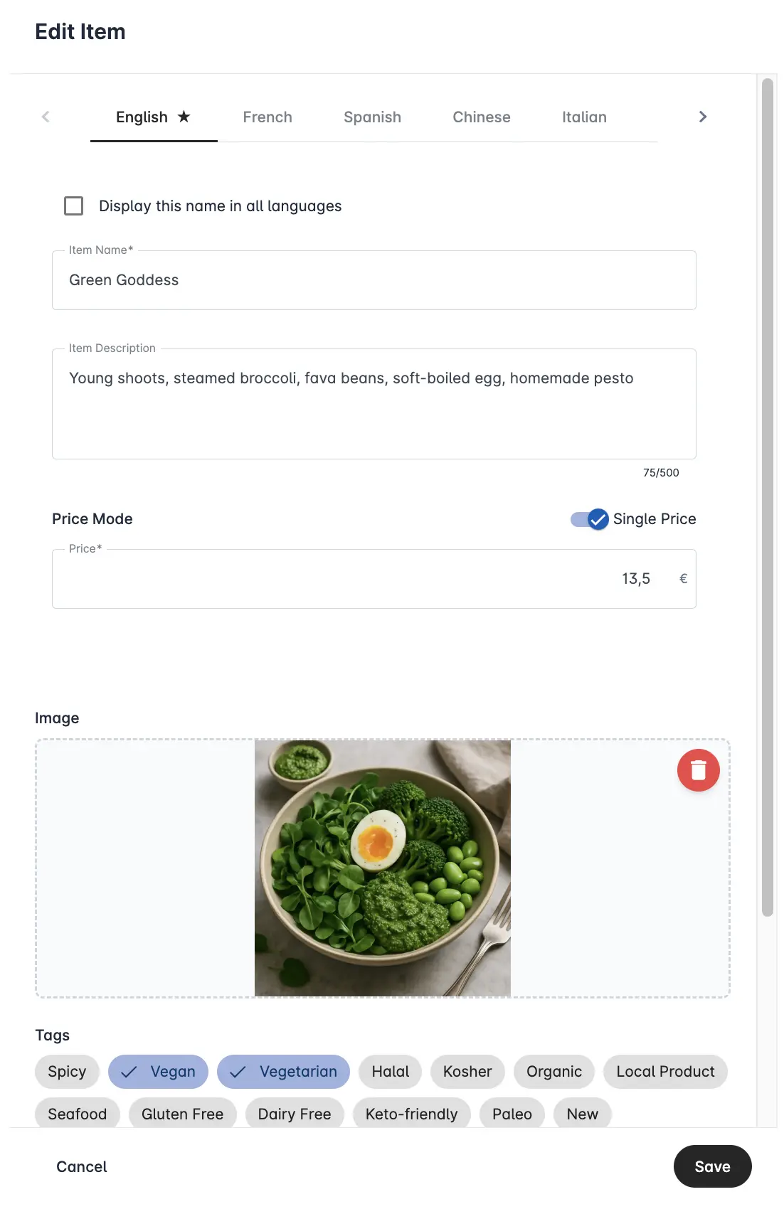 Real-time menu editing interface showing instant update capabilities Gestione su menú en tiempo real