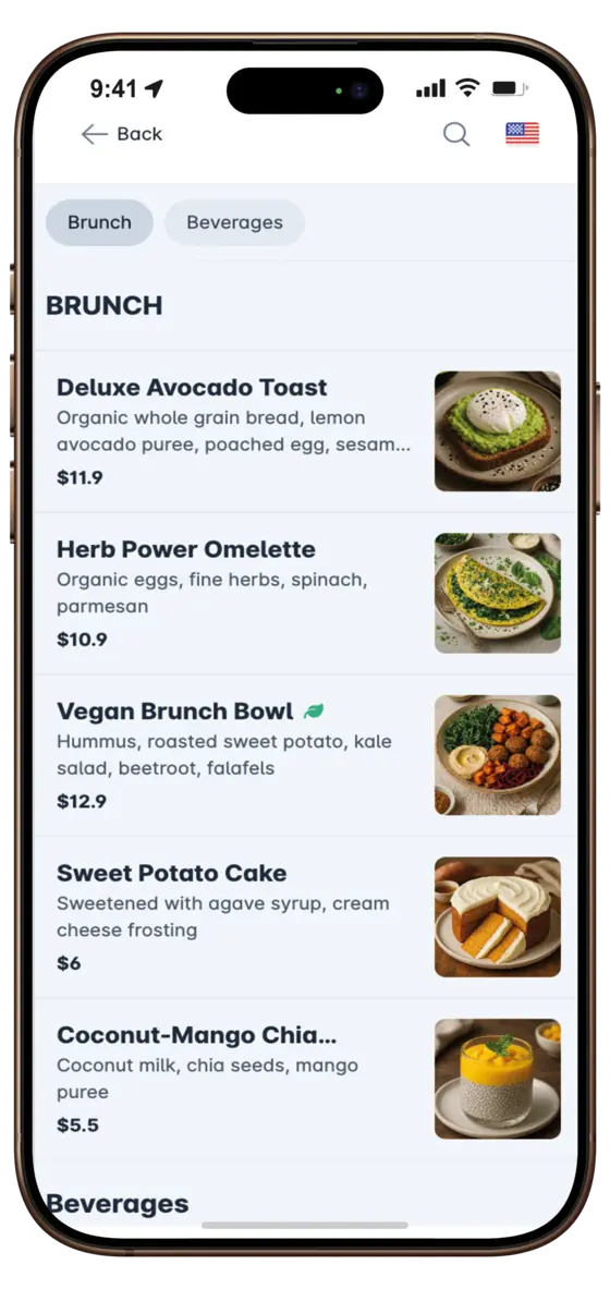 Menu numérique sur smartphone